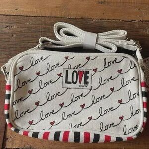 White Canvas LOVE script Crossbody with Red & Black Accents
